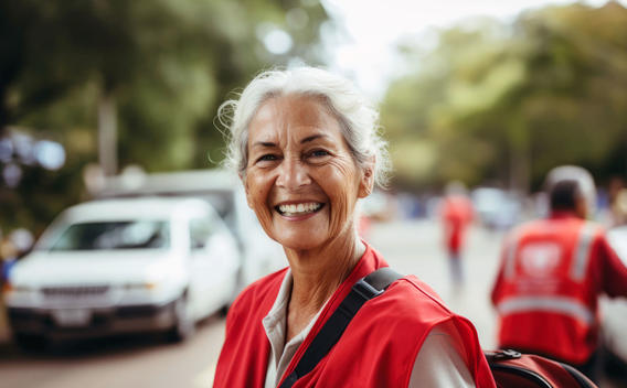 Mujer vistiendo chaleco de seguridad rojo y sonriendo