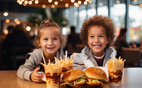 Dos niños sentados frente a comida rápida