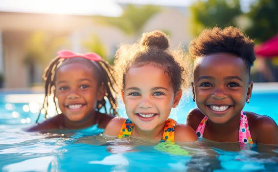 Tres niños en una piscina.