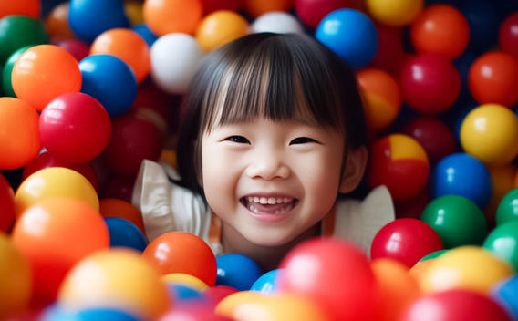 Niño jugando rodeado de coloridas bolas de plástico.