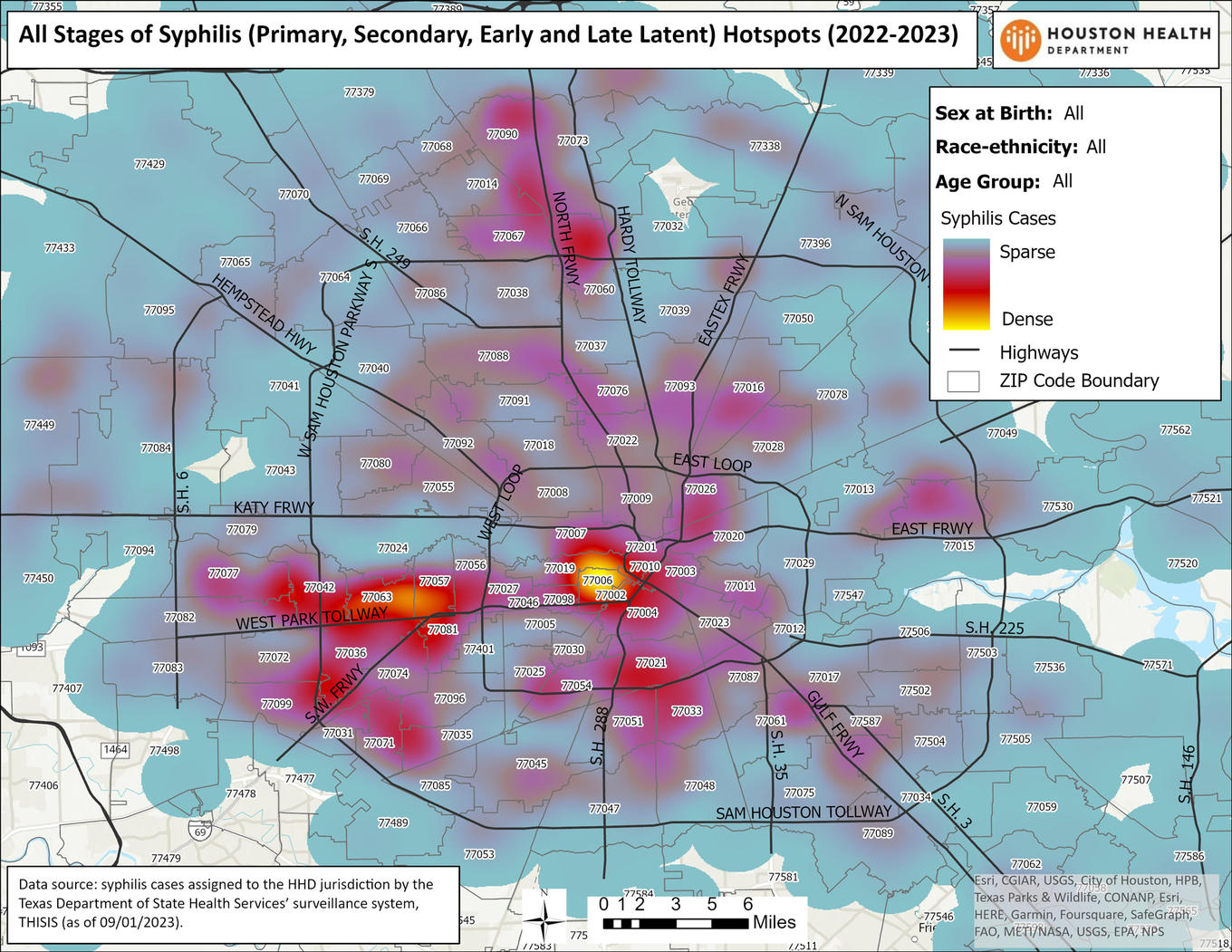 All stages of syphilis (primary, secondary, early and late latent) hotspots (2022-2023). Sex at birth: all