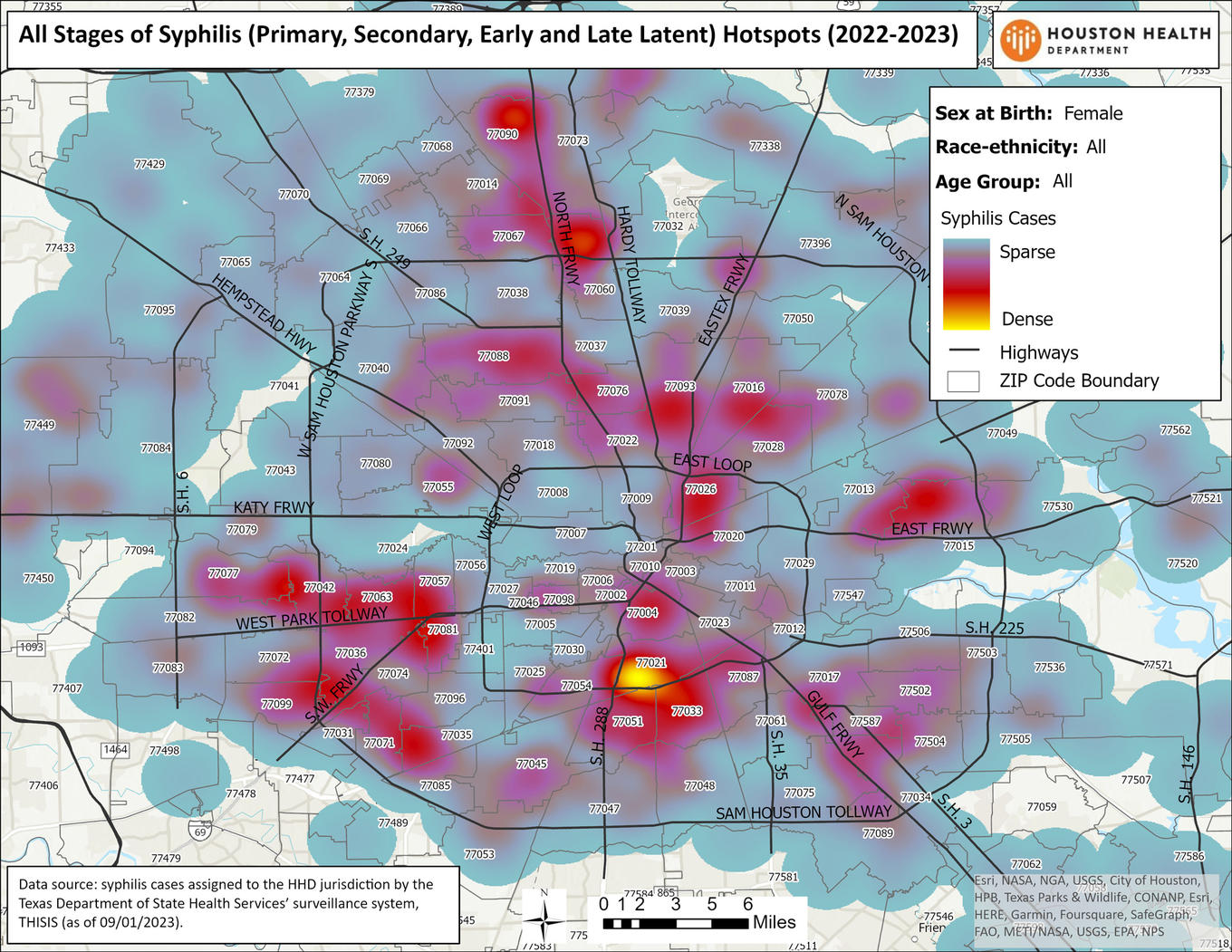 All stages of syphilis (primary, secondary, early and late latent) hotspots (2022-2023). Sex at birth: female