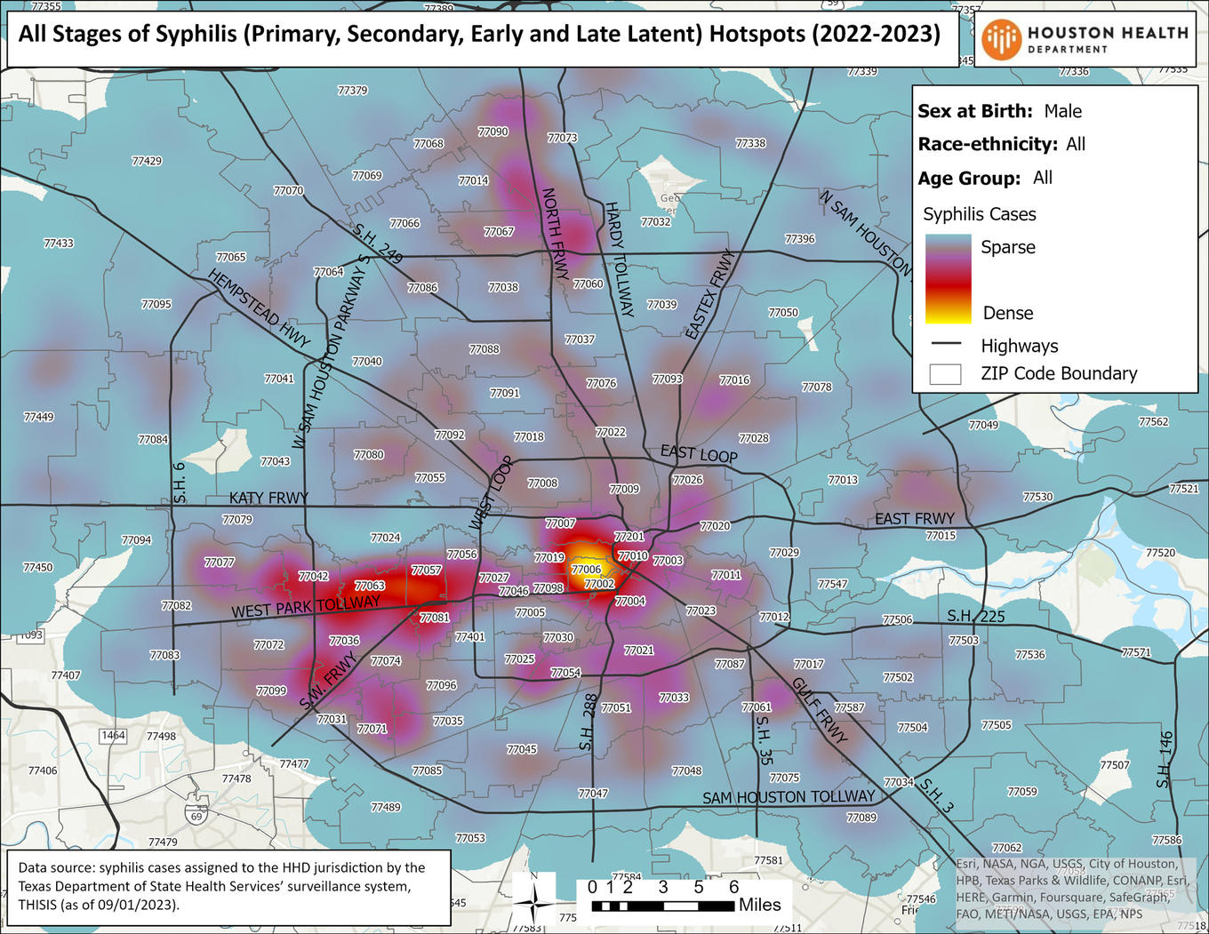 All stages of syphilis (primary, secondary, early and late latent) hotspots (2022-2023). Sex at birth: male