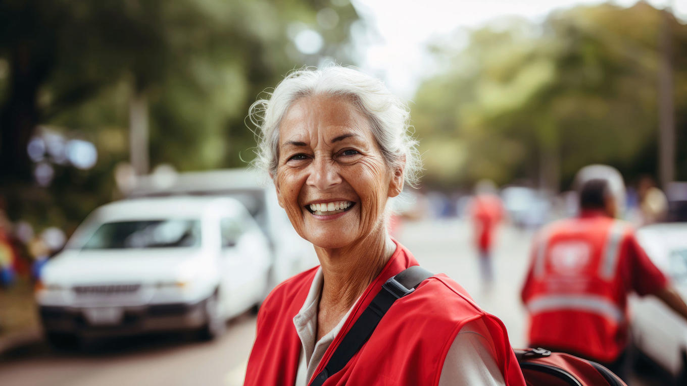 Mujer vistiendo chaleco de seguridad rojo y sonriendo