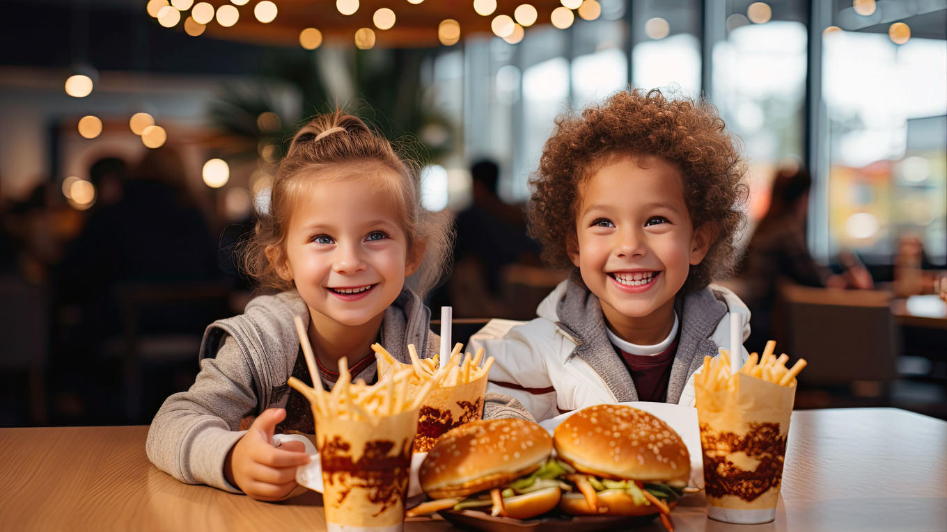 Dos niños sentados frente a comida rápida