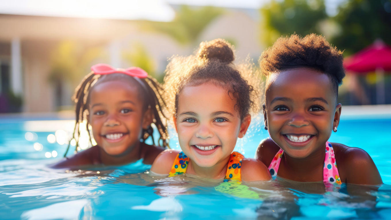 Tres niños en una piscina.