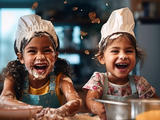 Dos niños horneando y riendo